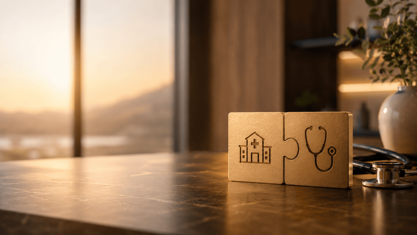 Two interlocking wooden puzzle pieces marked with a clinic building and a stethoscope, on a sunlit desk