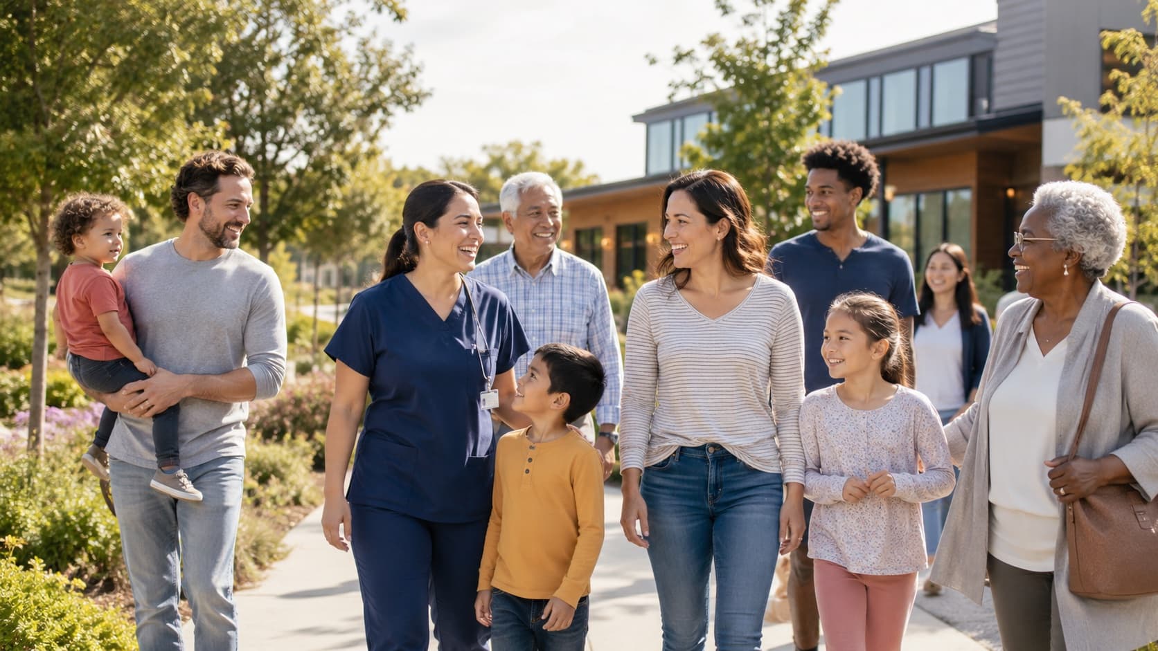 Multi-generational families and a clinician walking together outside a community clinic