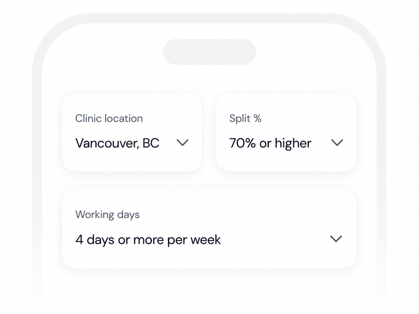 Illustrative clinic profile fields for location, compensation split, and working days