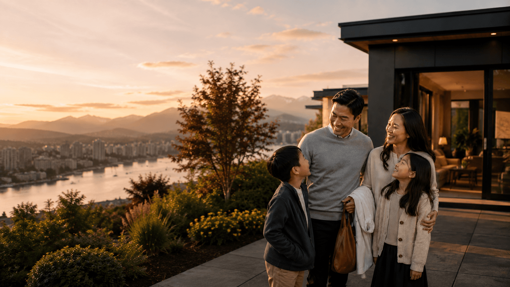People on a patio overlooking water and mountains at sunset