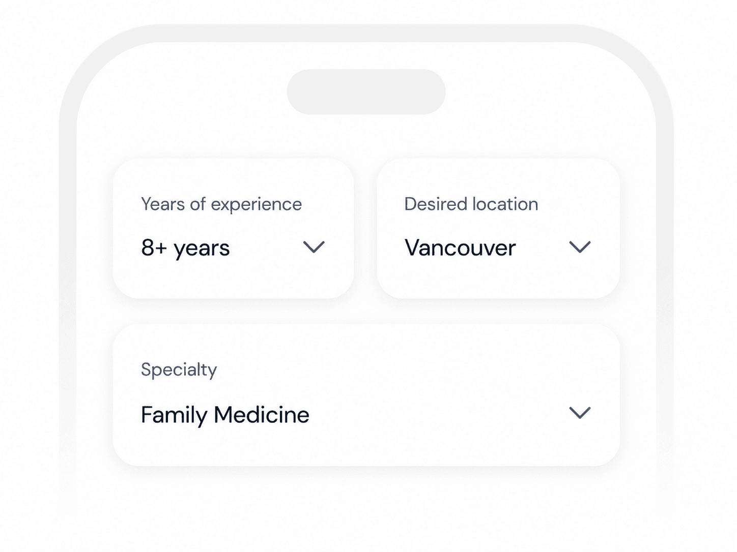 Profile fields for years of experience, desired location, and specialty