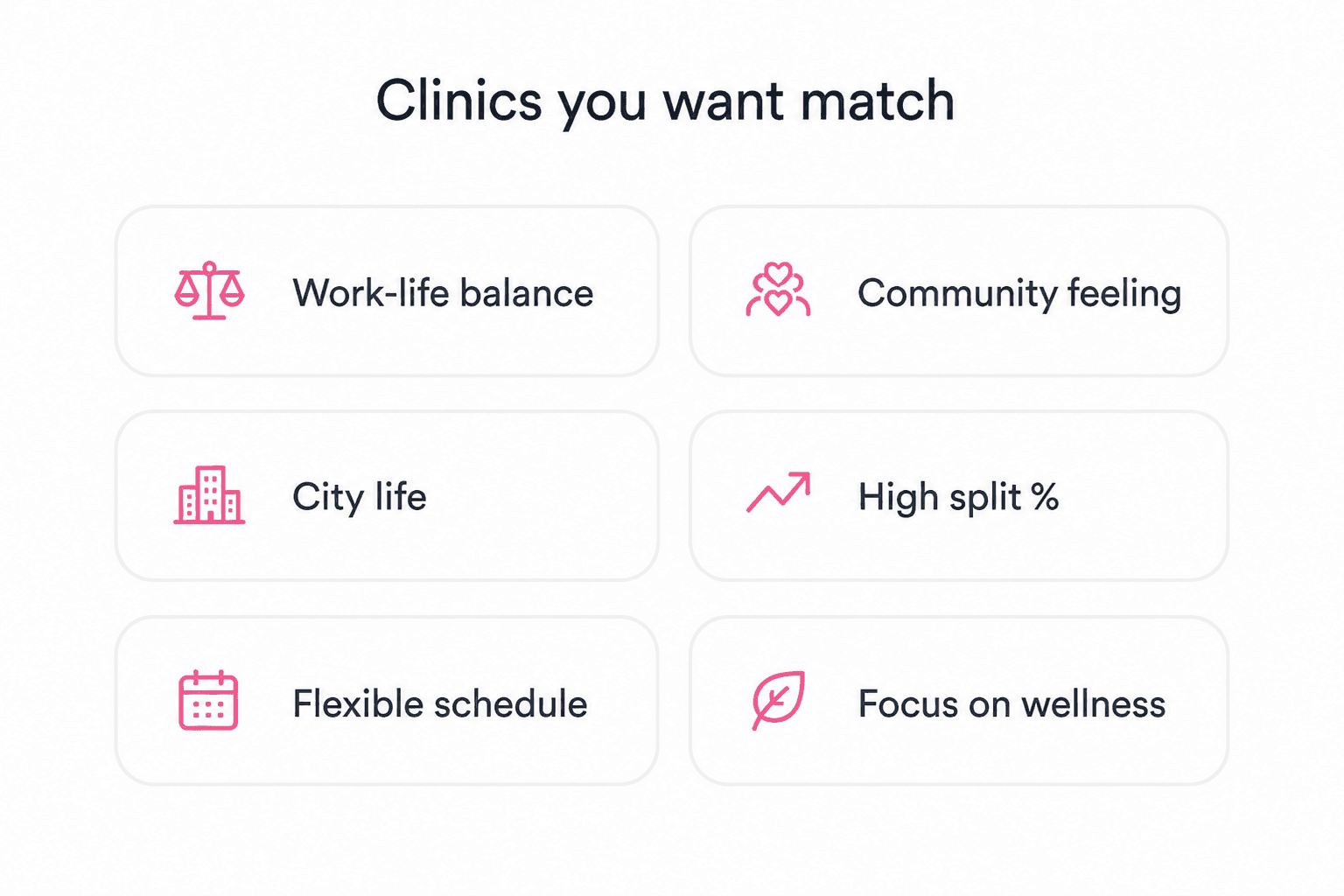 Clinic preferences including work-life balance, community, city life, split, schedule, and wellness