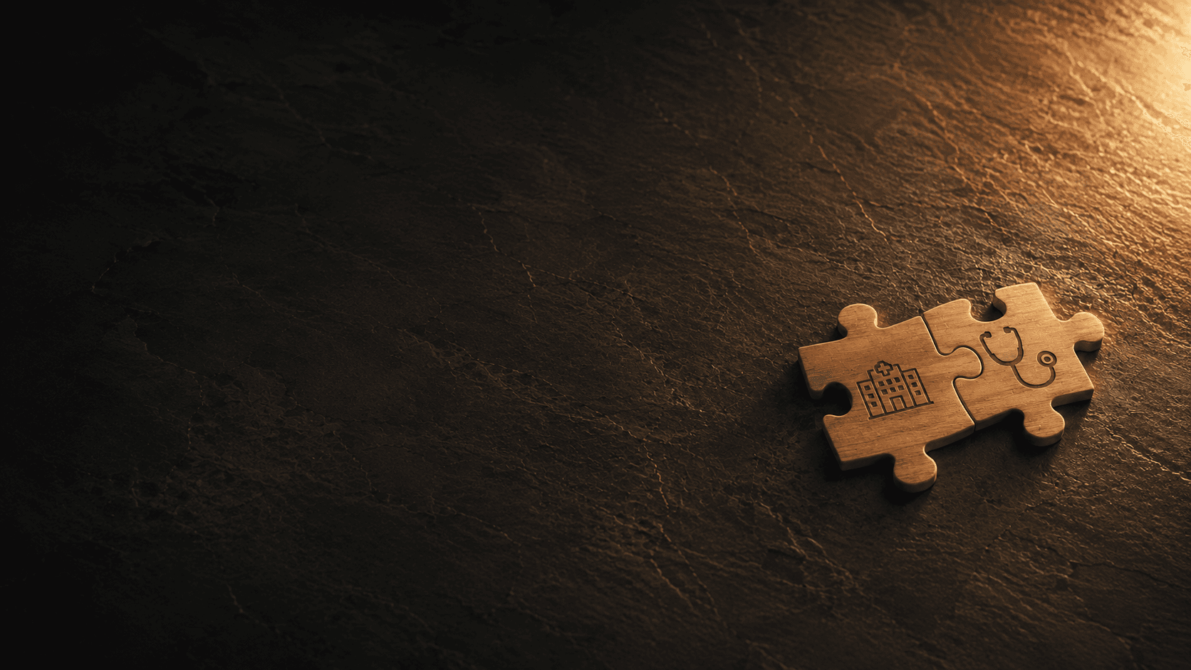 A single wooden puzzle piece on a dark surface, lit from the right