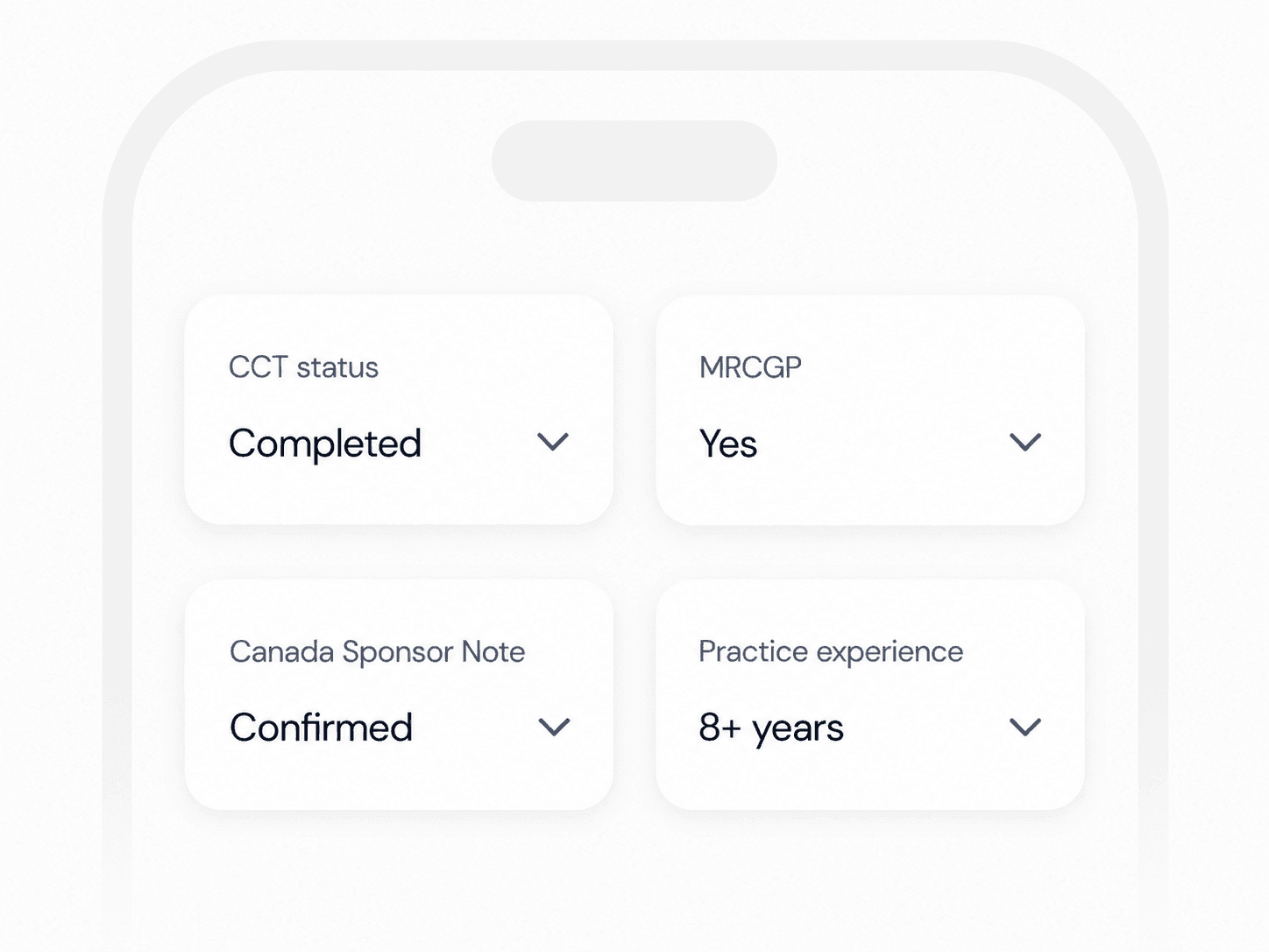 Illustrative UK GP profile fields for CCT status, MRCGP, Canada sponsor, and practice experience