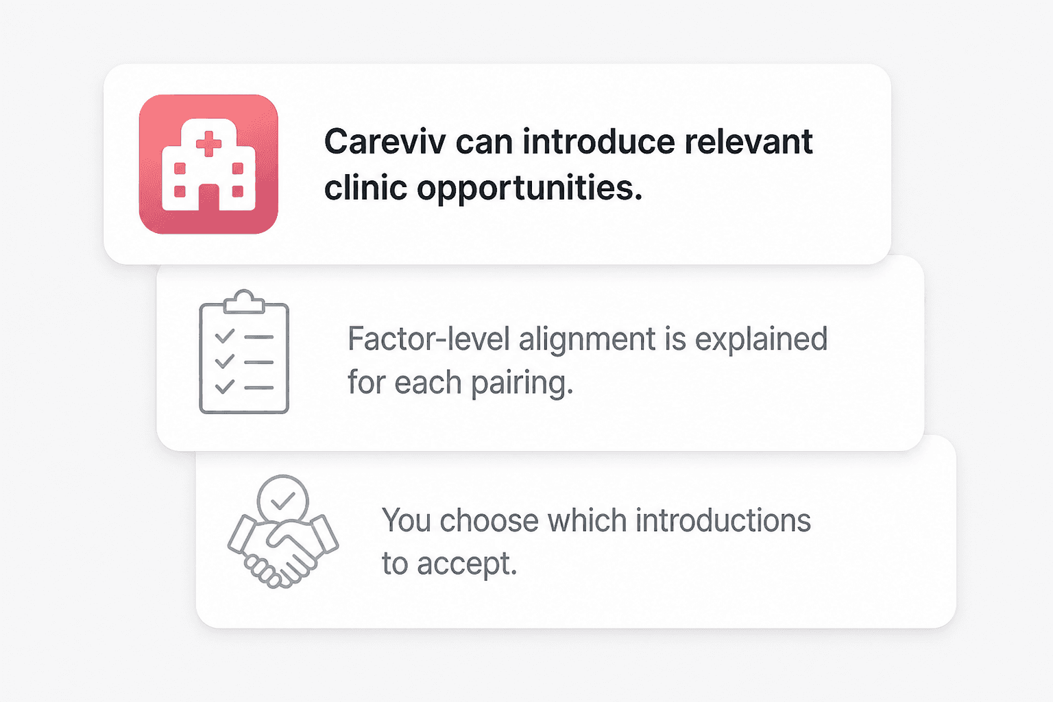 Illustrative notifications showing that Careviv can introduce relevant clinic opportunities, explain factor-level alignment, and leave introduction choices with the doctor