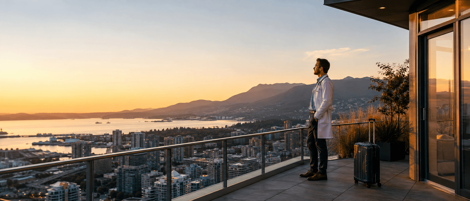 A doctor on a terrace overlooking a coastal city at sunset