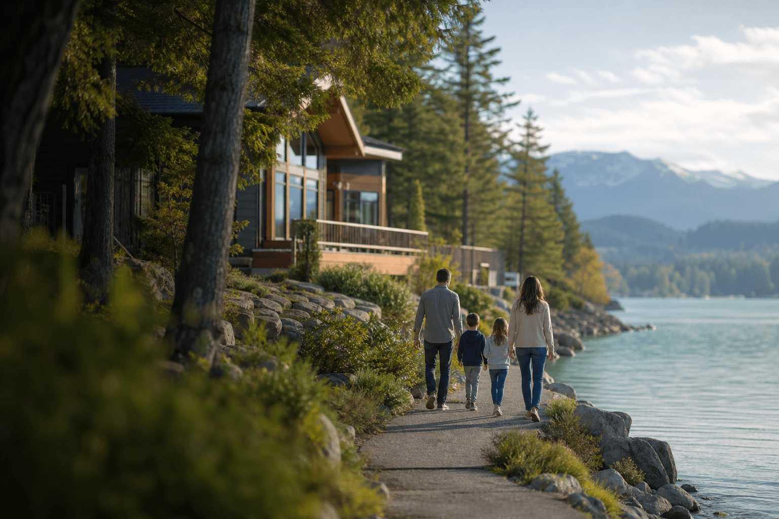 Family walking by a Canadian lakeside home — UK GP households planning a move to Canada