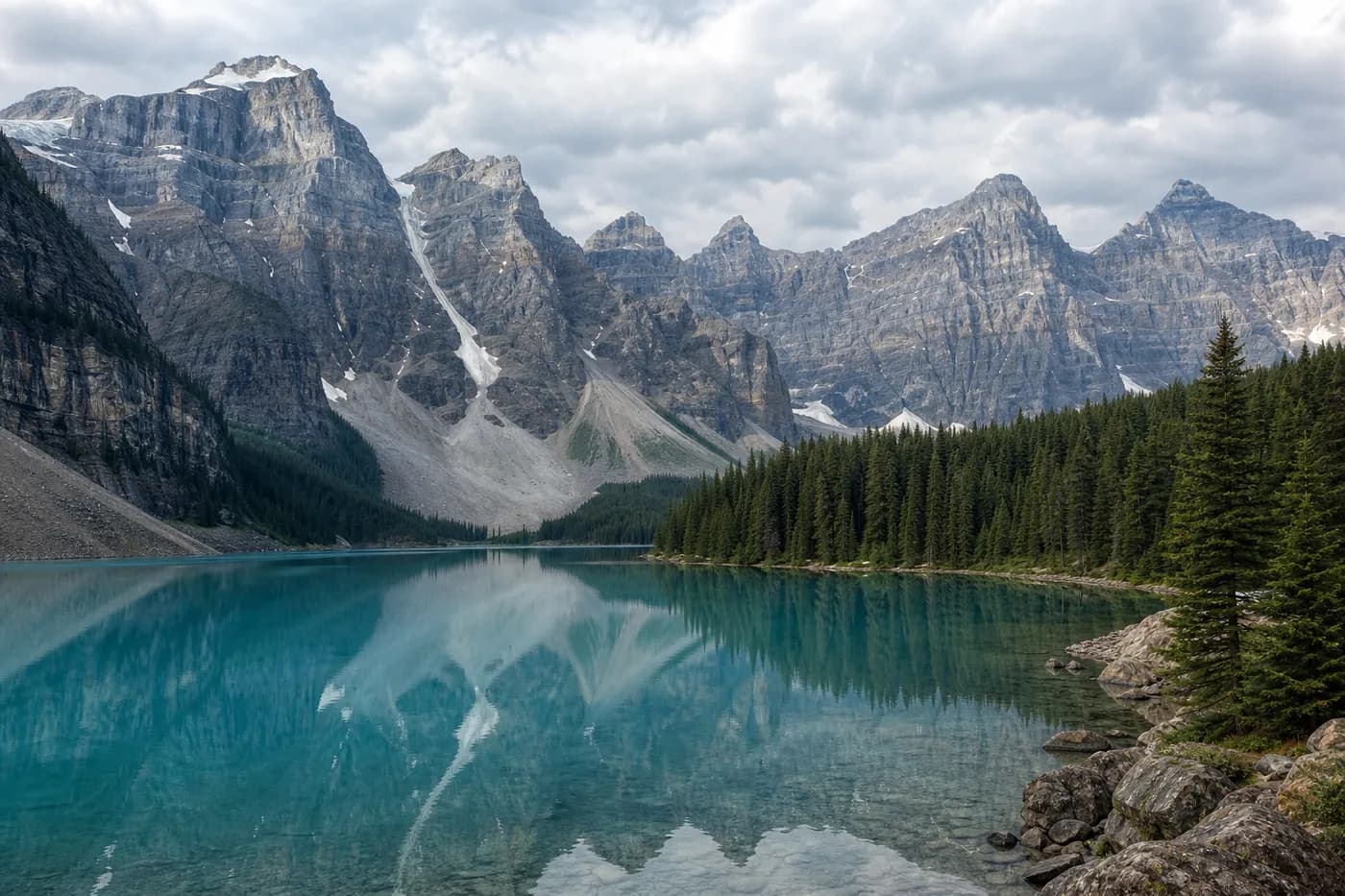 Turquoise glacial lake in the Canadian Rockies with granite peaks and evergreen forest reflected in still water, Alberta