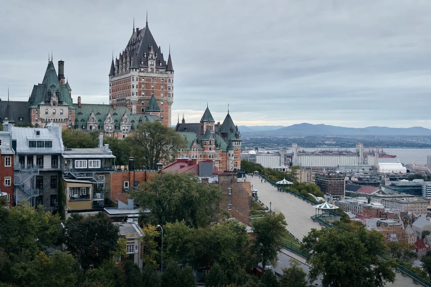 Historic Old Québec on the cliff above the St Lawrence River with the copper-roofed château hotel dominating the skyline, Québec